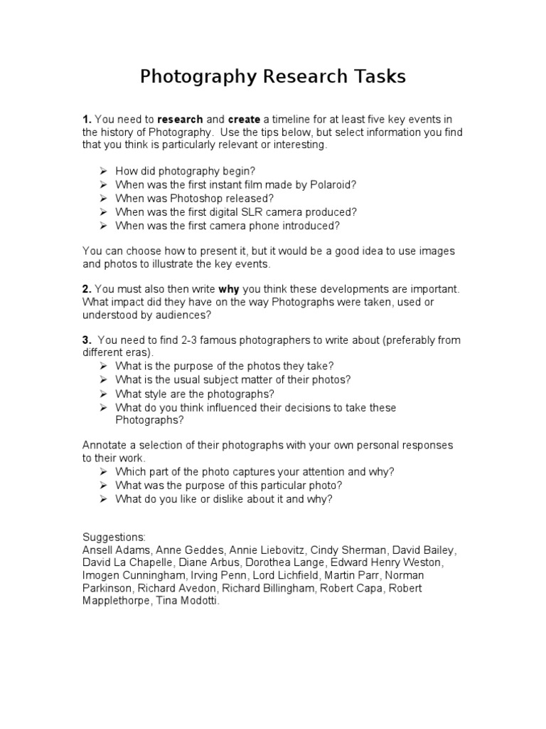 Photography Research Tasks | PDF