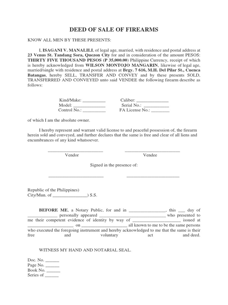 Deed of Sale of Firearms Deed Private Law