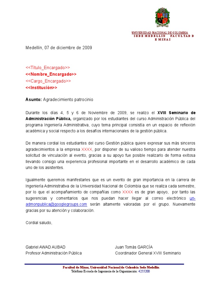 Carta Agradecimiento Patrocinio