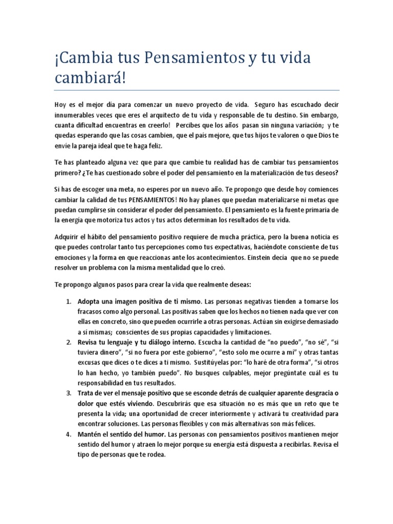 Cambia Tus Pensamientos y Tu Vida Cambiará | PDF | Vida | Conceptos ...