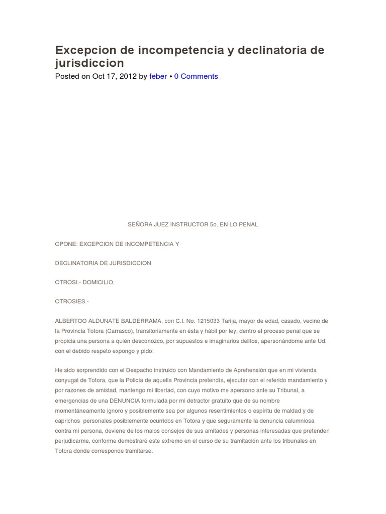 Excepcion de Incompetencia y Declinatoria de Jurisdiccion | PDF