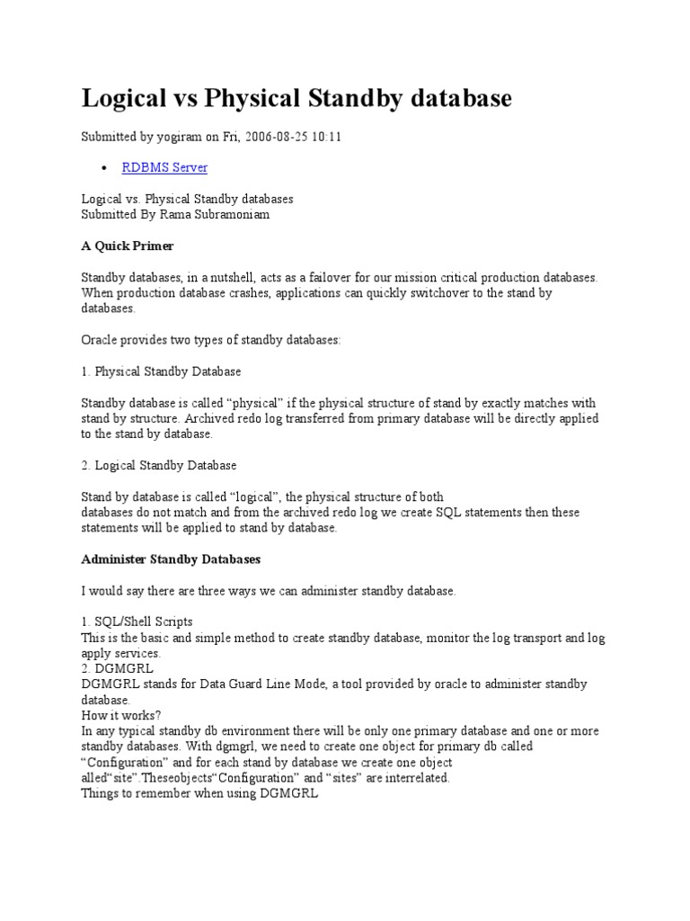Logical Vs Physical Standby Database PDF Oracle Database Databases