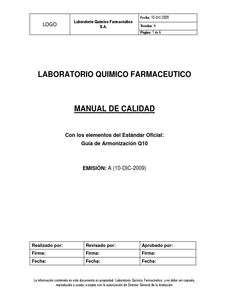 Manual de Calidad Laboratorio Farmacéutico PDF Farmacéutico Calidad