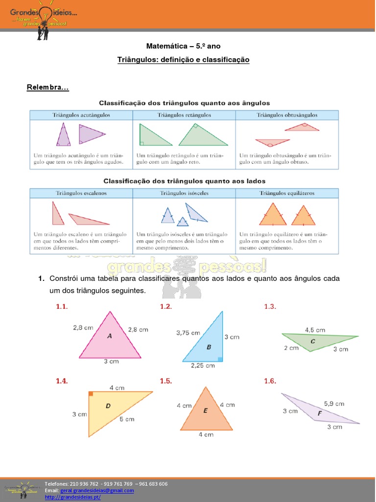 Classificação de Triângulos para 5º Ano | PDF | Triângulo | Geometria ...