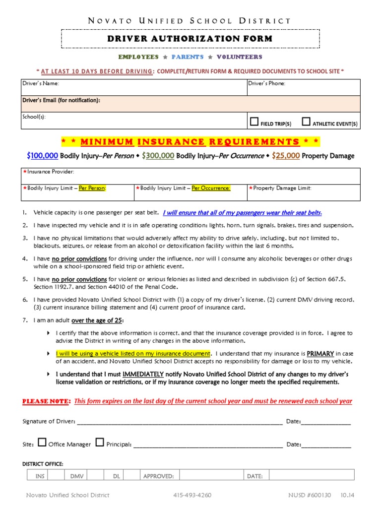 Novato School District Driver Authorization Form | PDF | Department Of ...