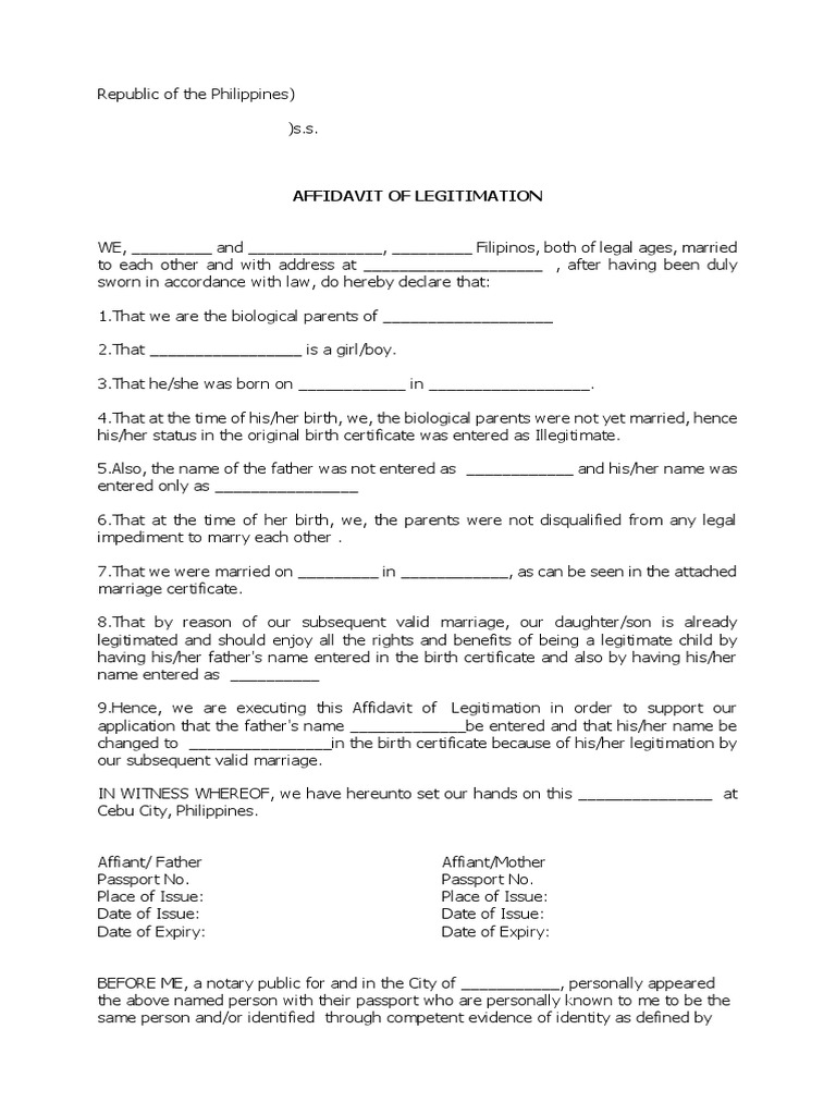 Affidavit of Legitimation Template | PDF | Affidavit | Birth Certificate
