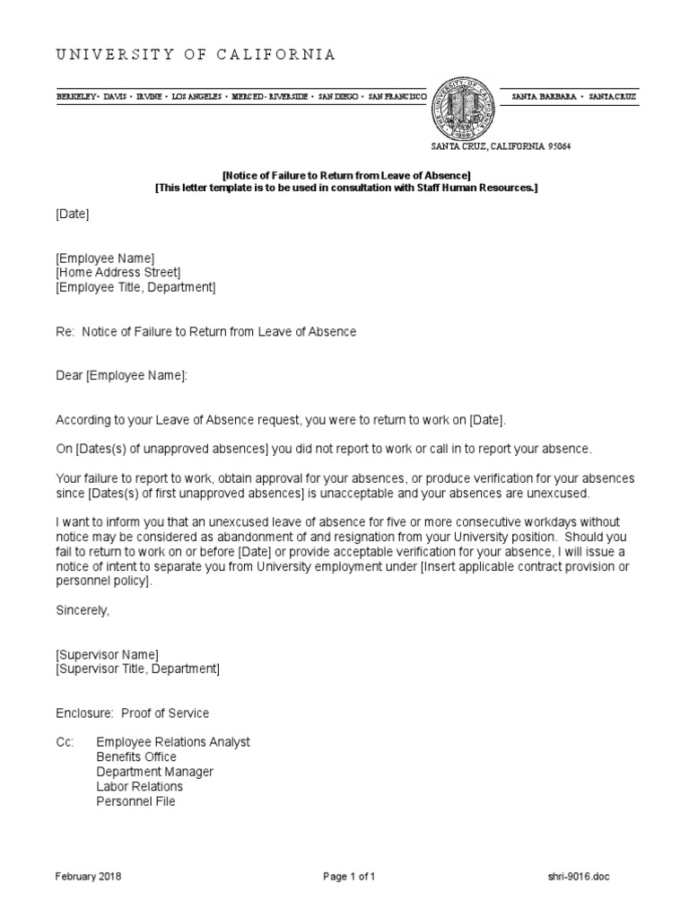 Notice of Failure To Return From Leave of Absence  PDF