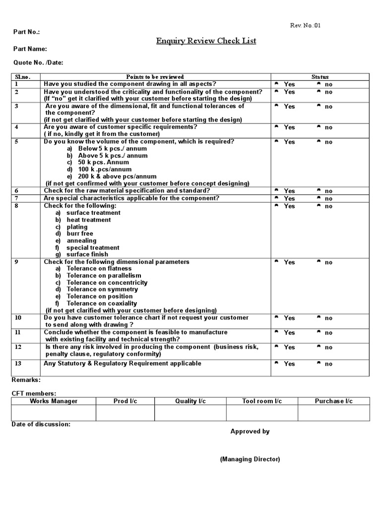Enquiry Review Checklist for Components | PDF | Engineering Tolerance ...