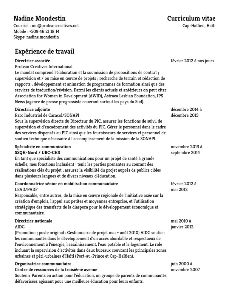 Curriculum Vitae de Nadine Mondestin | PDF | Haïti | Canada