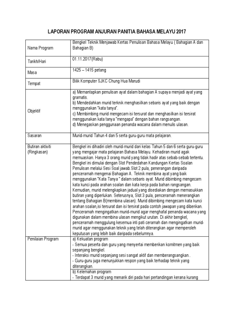 Laporan Program Anjuran Panitia Bahasa Melayu 2017 Bengkel Teknik Menjawab Bahagian A B