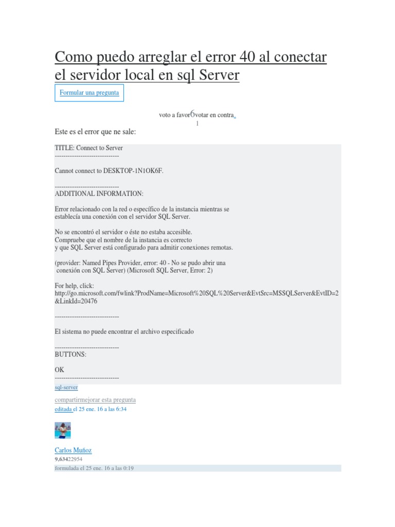Solución al Error 40 en SQL Server | PDF | Servidor SQL de Microsoft ...