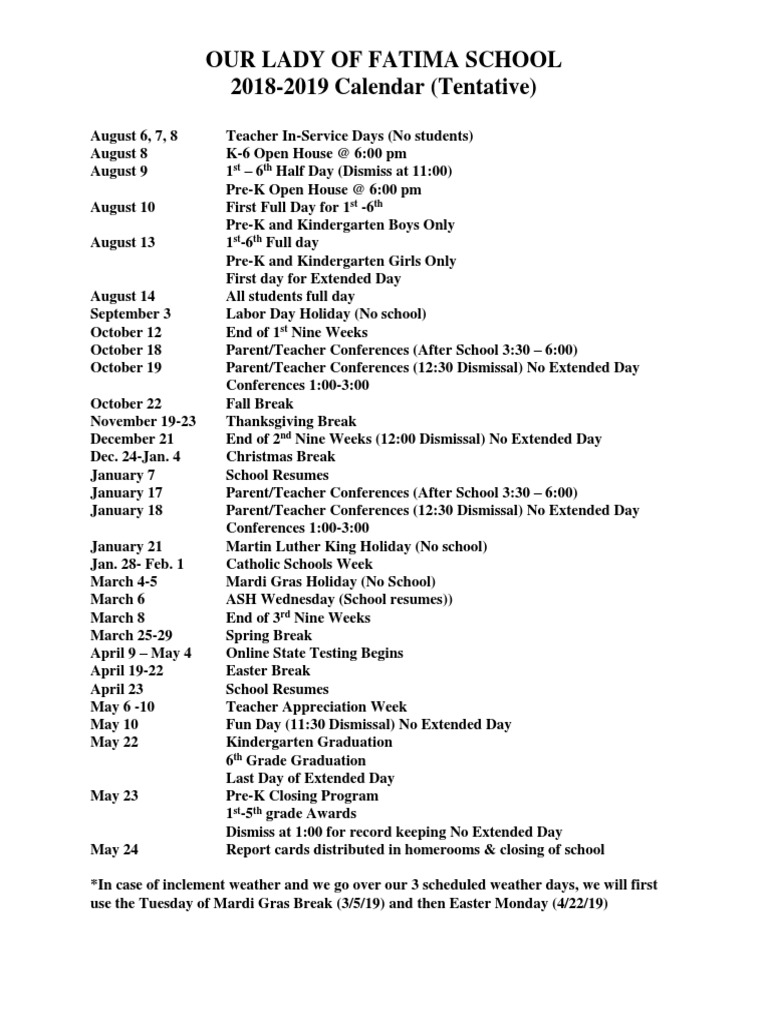Our Lady Of Fatima School 2018-2019 Calendar (Tentative): st th