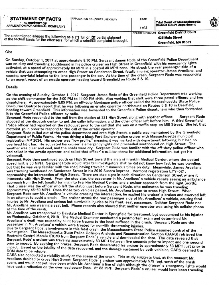 Statement of Facts in Support of Application of Criminal Complaint ...