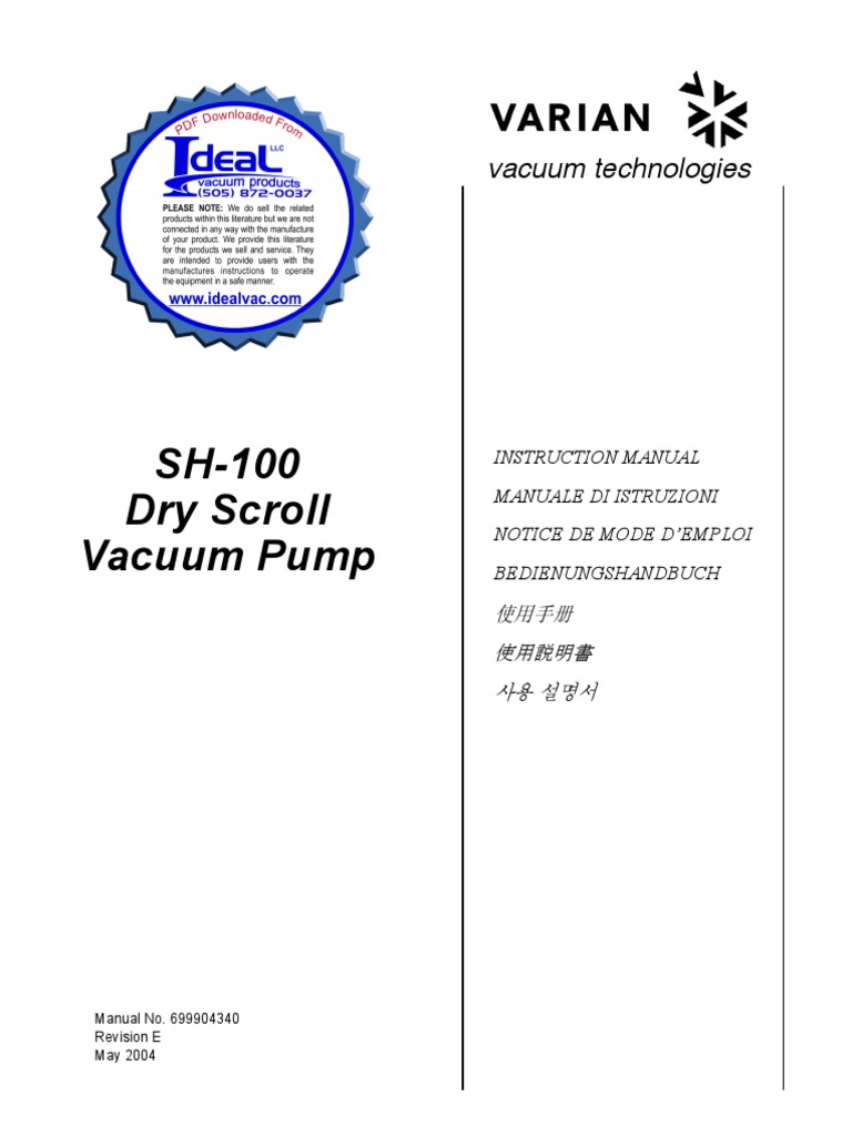 Varian SH100 Instruction Manual PDF Nature