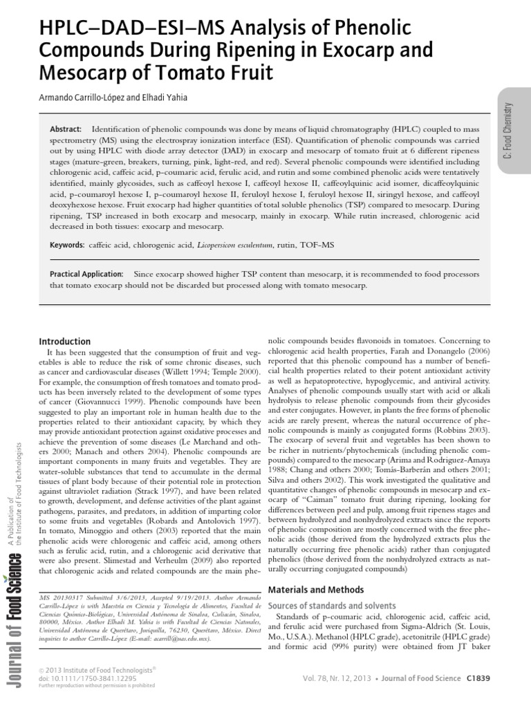 Analysis of Phenolic Compounds in Exocarp and Mesocarp of Tomato Fruit During Ripening Stages