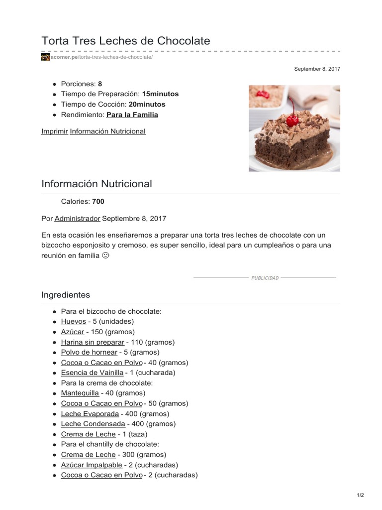 Acomer - Pe-Torta Tres Leches de Chocolate PDF | PDF | Chocolate | Crema