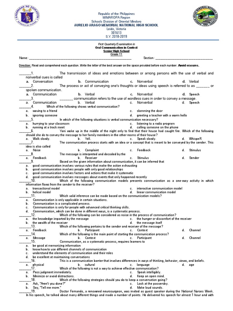 Oral Communication Exam for Grade 11 | PDF | Nonverbal Communication ...