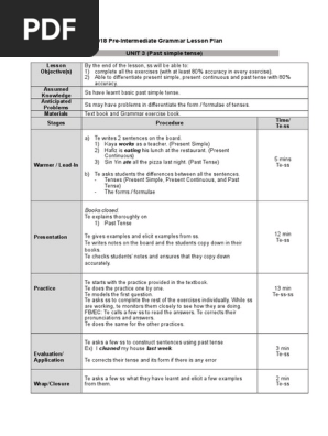 (Past simple tense) Lesson Plan