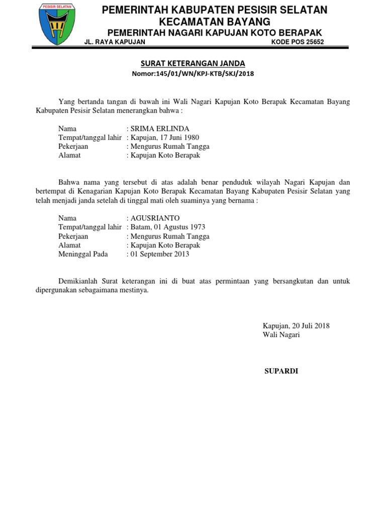 Contoh Surat Keterangan Janda Dari Kelurahan Terbaru J