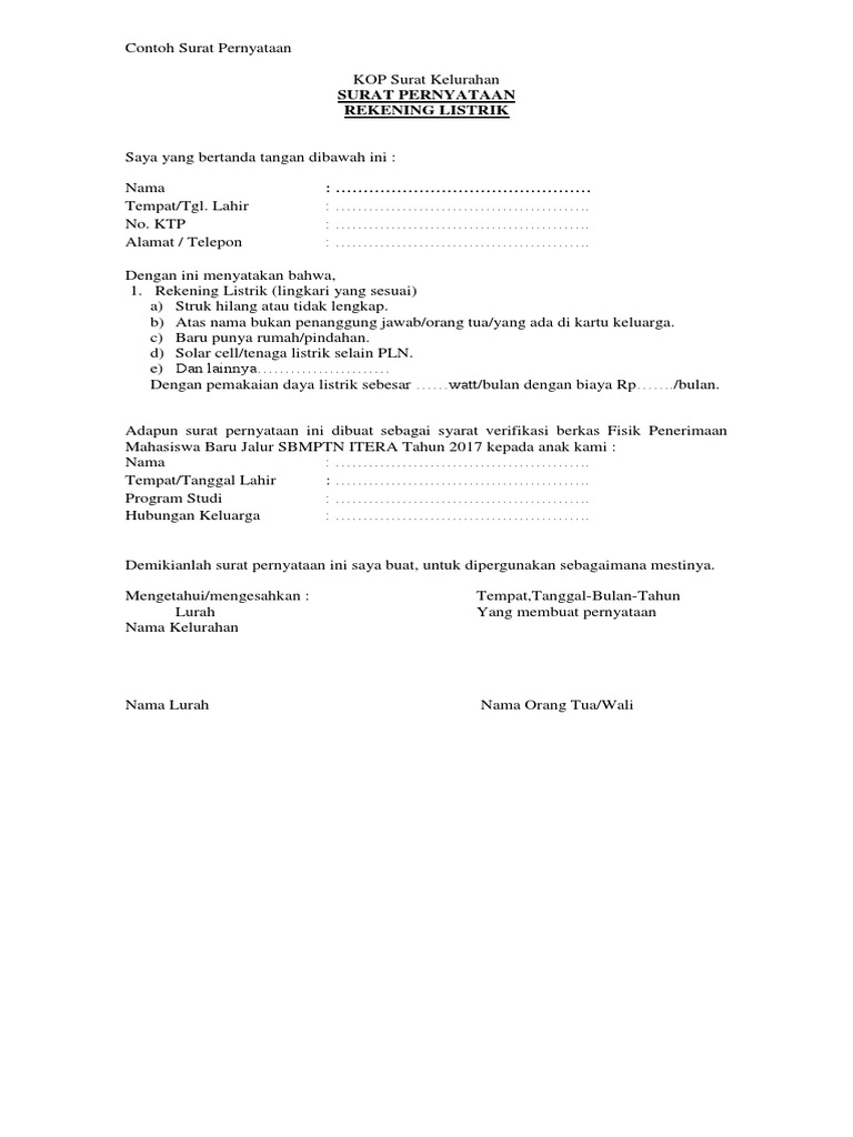 Surat Pernyataan Rekening Listrik