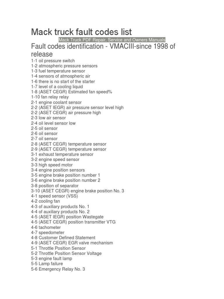 Mack Truck Fault Codes List Fuel Injection Technology & Engineering