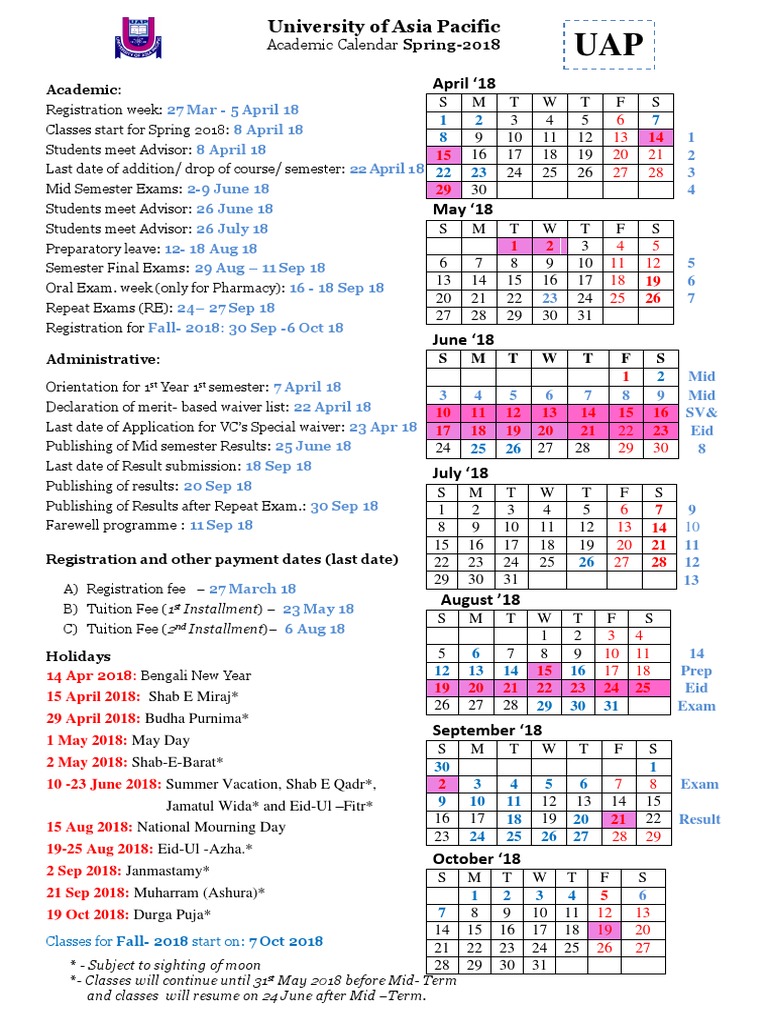UAP Spring 2018 Academic Calendar | PDF | Academic Term | Educational ...
