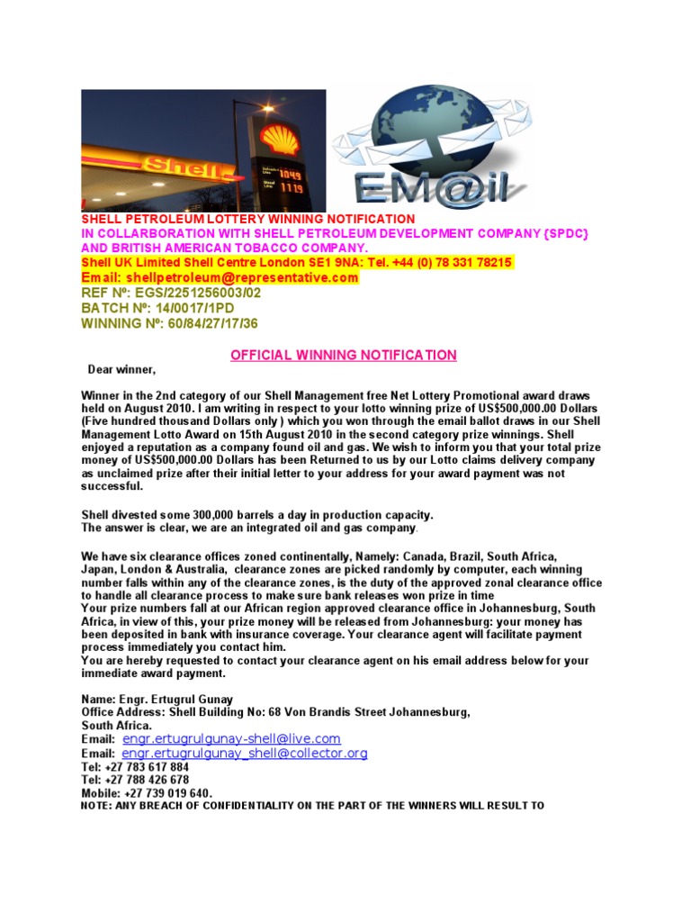 Shell Petroleum Lottery Winning Notification | PDF | Lottery | Royal ...