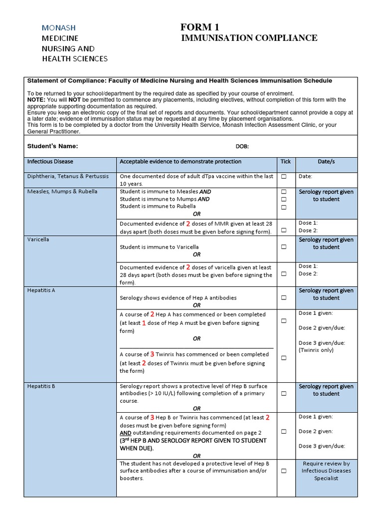 Immunisation Compliance Form 1 2018 Version 5 Final | PDF | Hepatitis B ...
