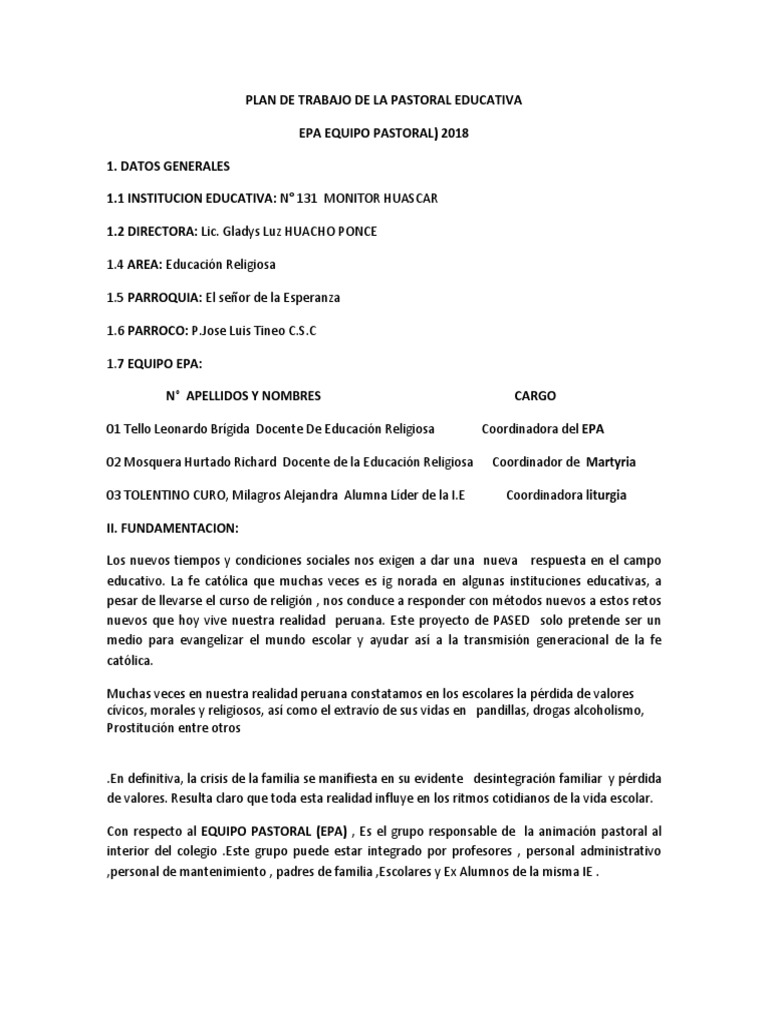 Plan Pastoral Educativo 2024 | PDF | eucaristía | Iglesia Católica