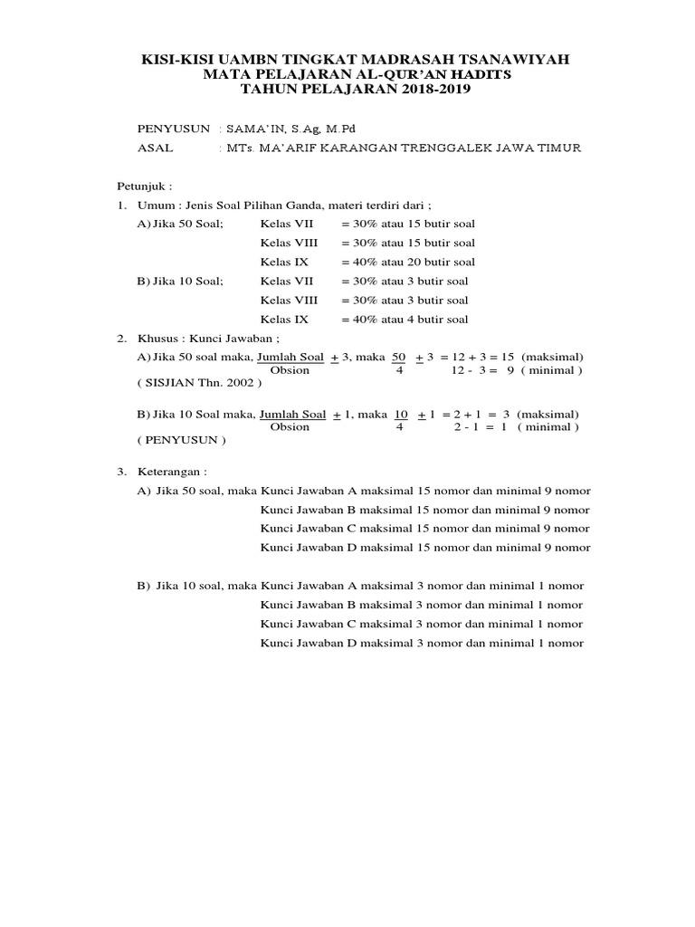 Soal Umbn Alquran Hadits Kelas 9 Semester Genap