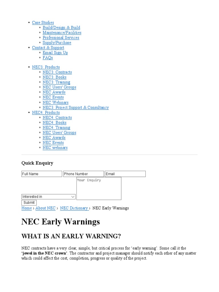 NEC Early Warnings About NEC NEC Contracts