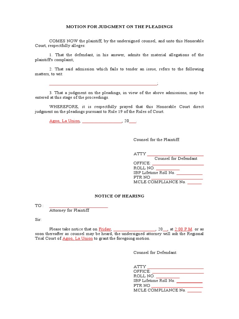 Motion For Judgment On The Pleadings PDF Intervention (Law) Virtue