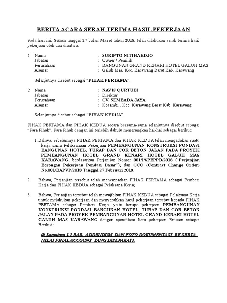 Contoh Berita Acara Serah Terima Pekerjaan Proyek Hotel Related Posts To Contoh Berita Acara Serah Terima Pekerjaan Proyek Contoh Berita Acara Serah Terima Pekerjaan Proyek 2017-02-17T041900-0800 Rating.
