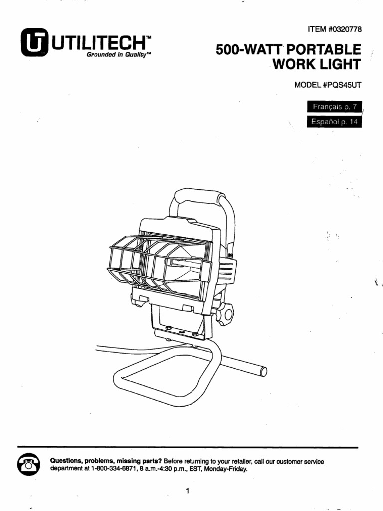 Utilitech PQS45UT 500Watt Portable Work Light Manual PDF Computing