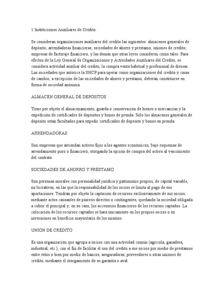 Instituciones Auxiliares de Crédito PDF Organización