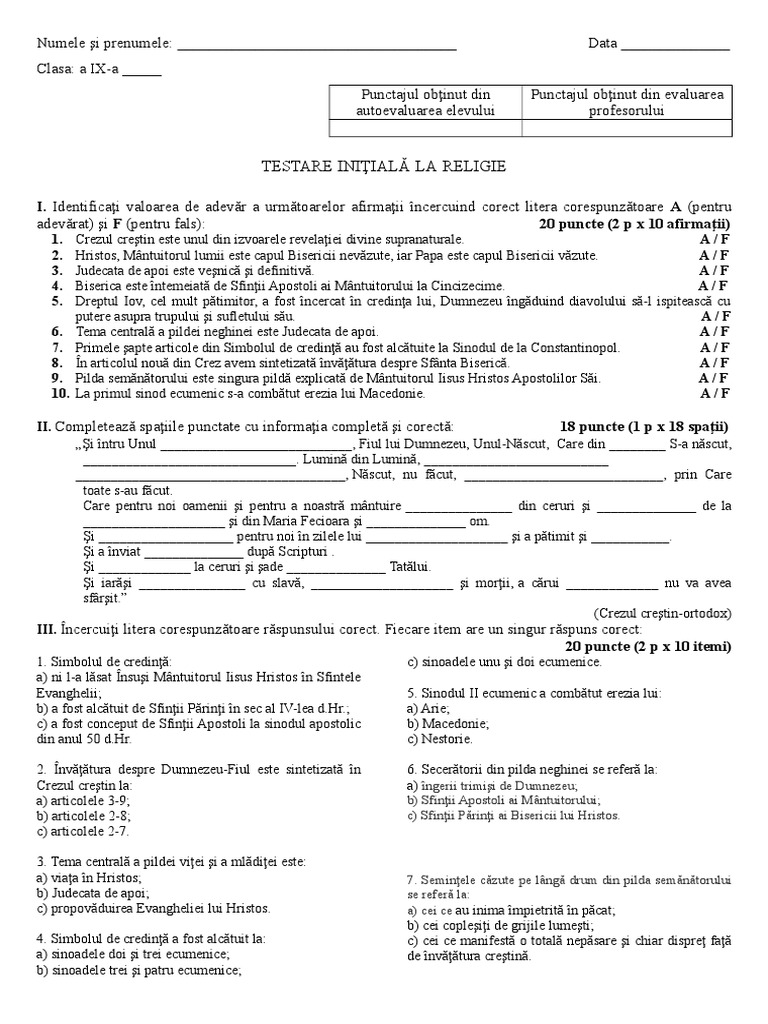 1 Test Initial Clasa A Ixareligie | PDF