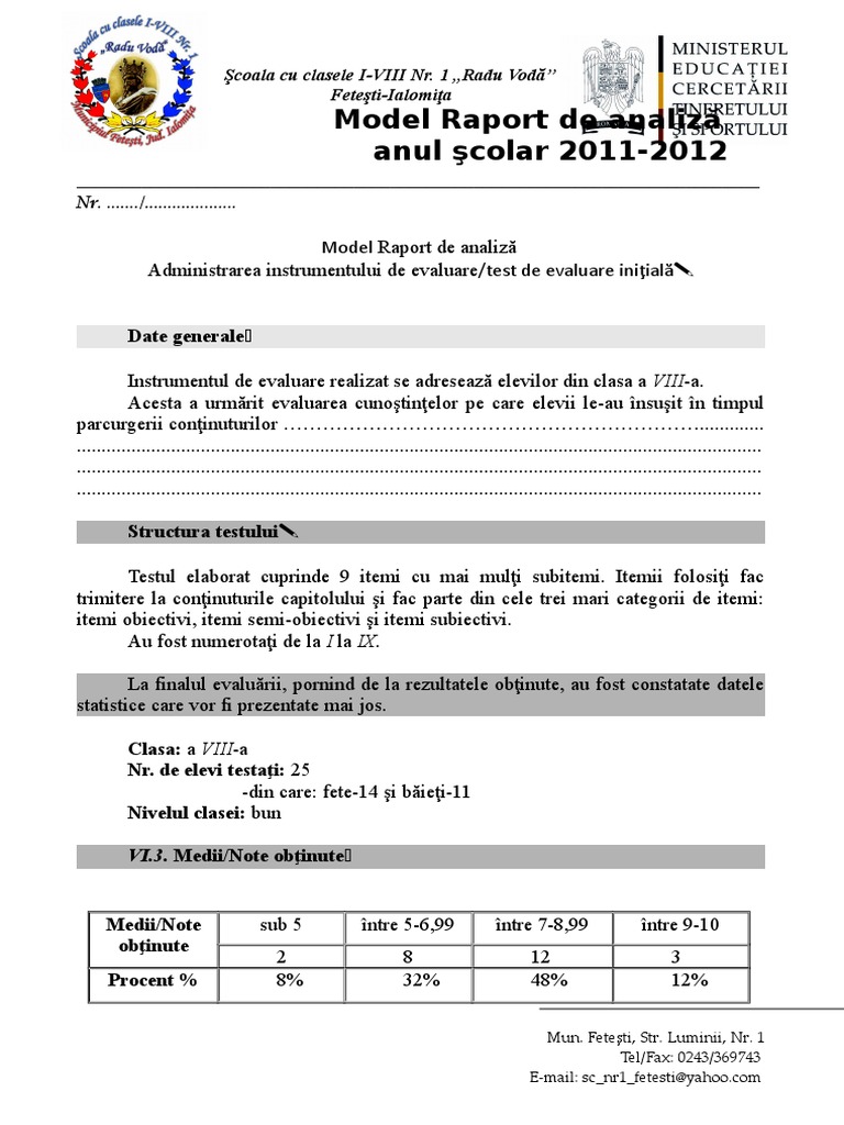 Model Raport de Analiza Test de Evaluare Initiala 20112012 Istorie | PDF