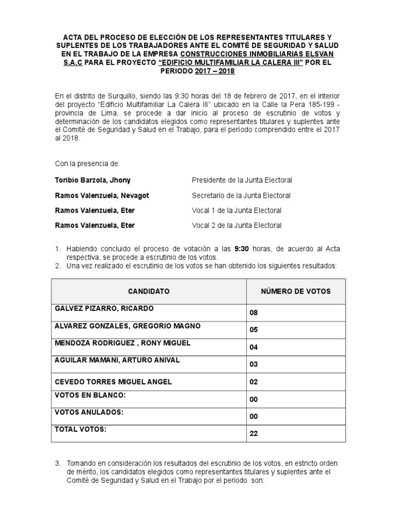 Formato - Acta de Proceso de Elección de Representantes de Los ...