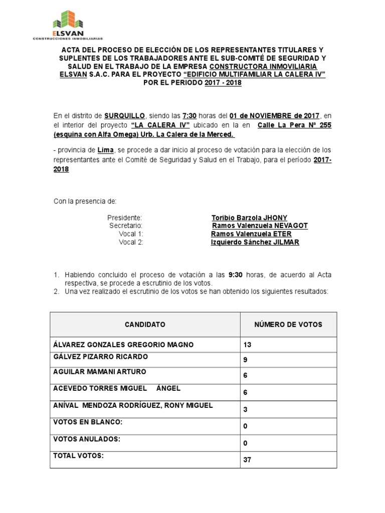 Formato - Acta de Proceso de Elección de Representantes de Los ...