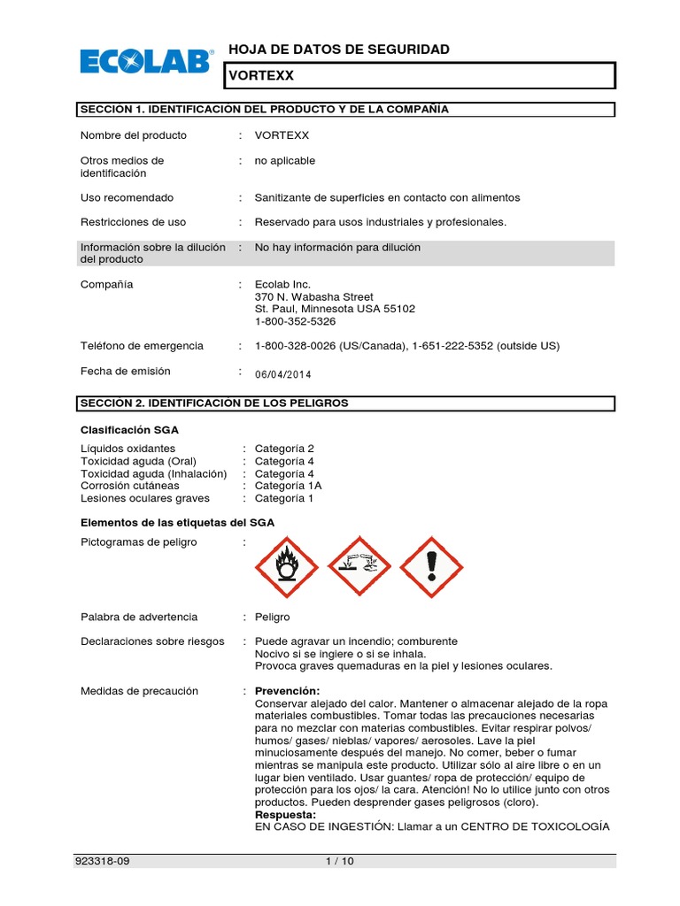 Hoja de Seguridad Vortexx Ecolab | PDF | Quemar | Agua
