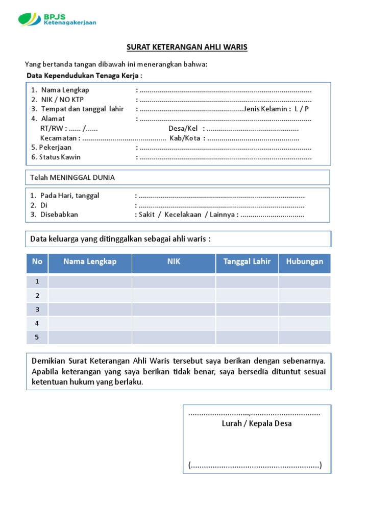 Surat Keterangan Ahli Waris Jaminan Pensiun Pdf
