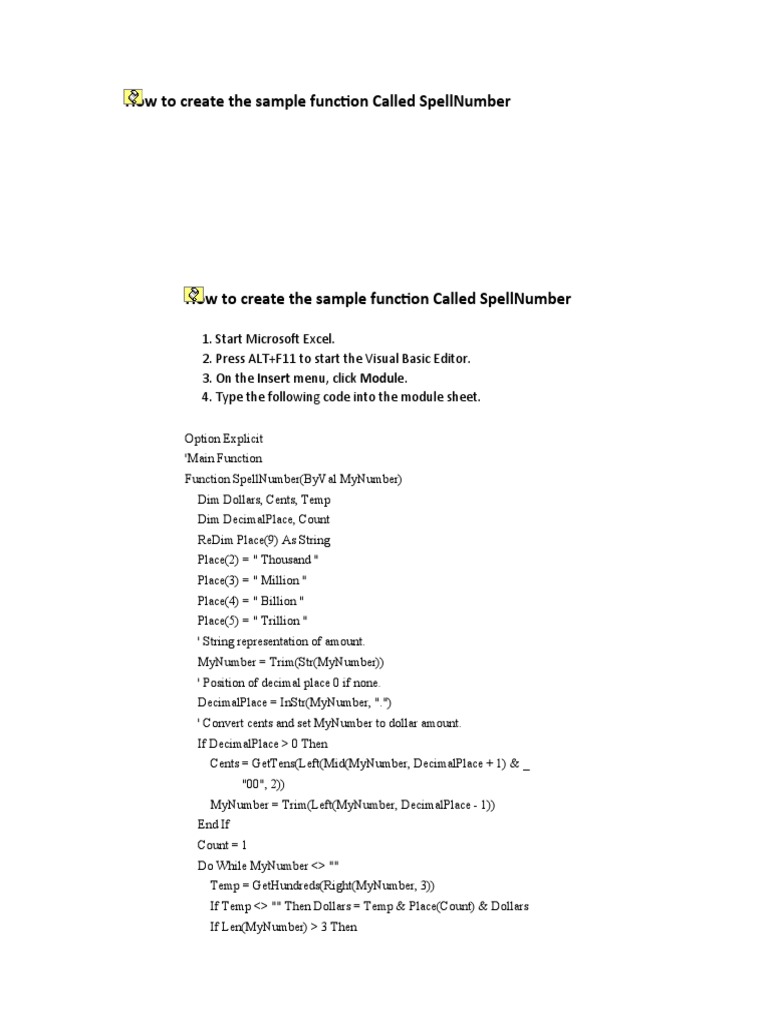 How to create the sample function called spellnumber pdf software