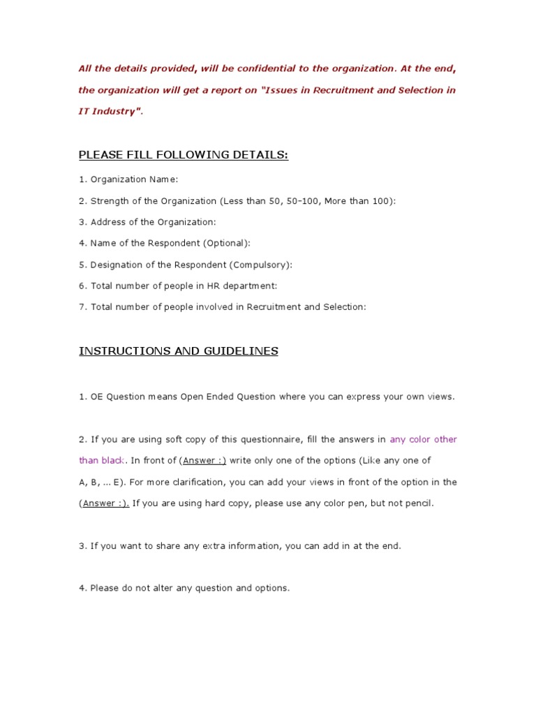Recruitment Questionnaire | PDF | Recruitment | Labor