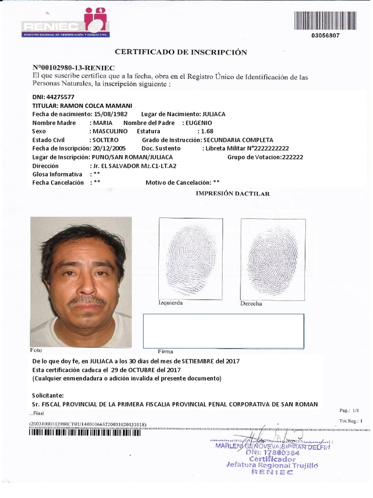 Ficha Registral RENIEC de Ramón Colca | PDF | Derecho