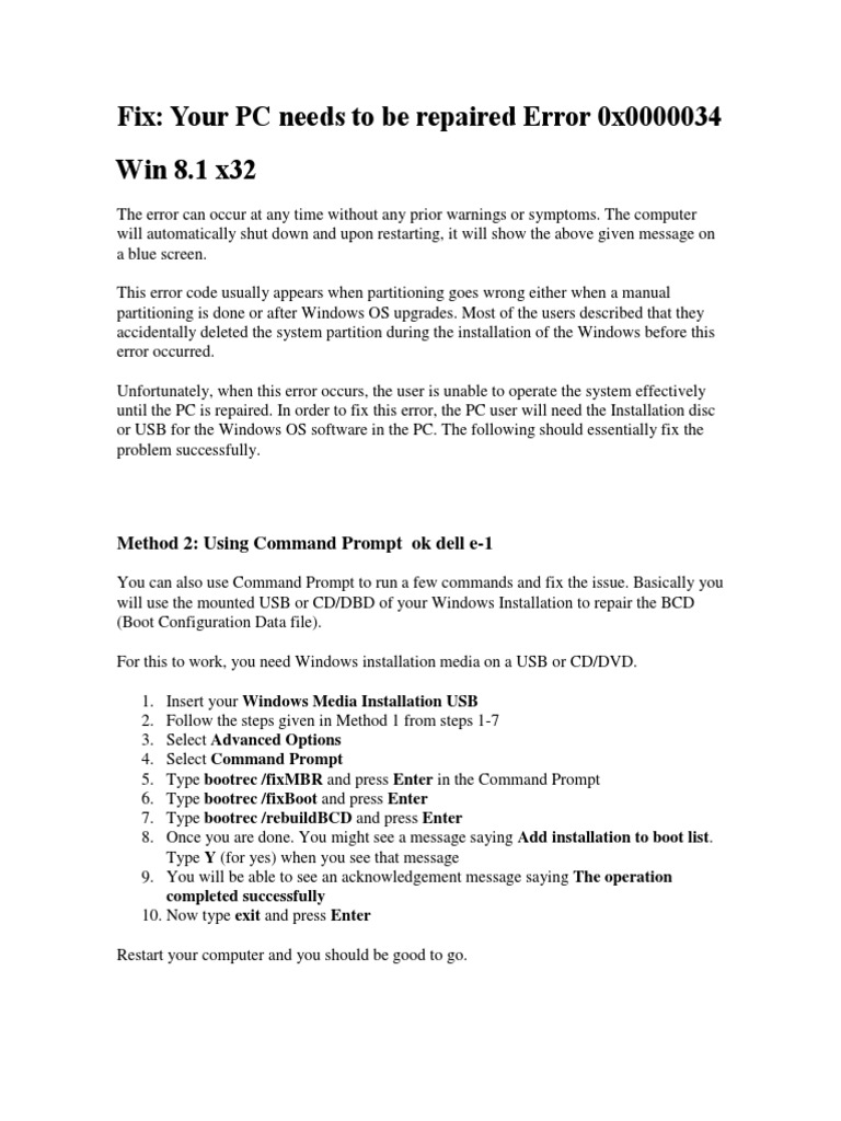 Fix Your PC Needs To Be Repaired Error 0x0000034 | PDF | Personal ...
