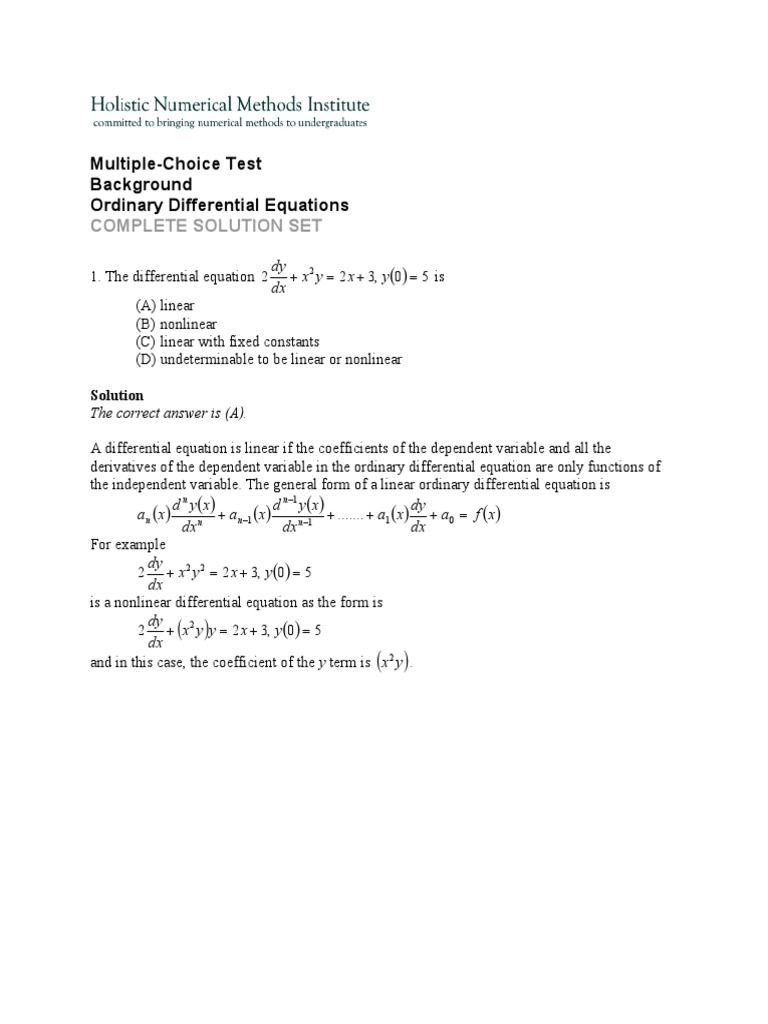 Multiple-Choice Test de ODEs | PDF | Differential Equations | Ordinary ...