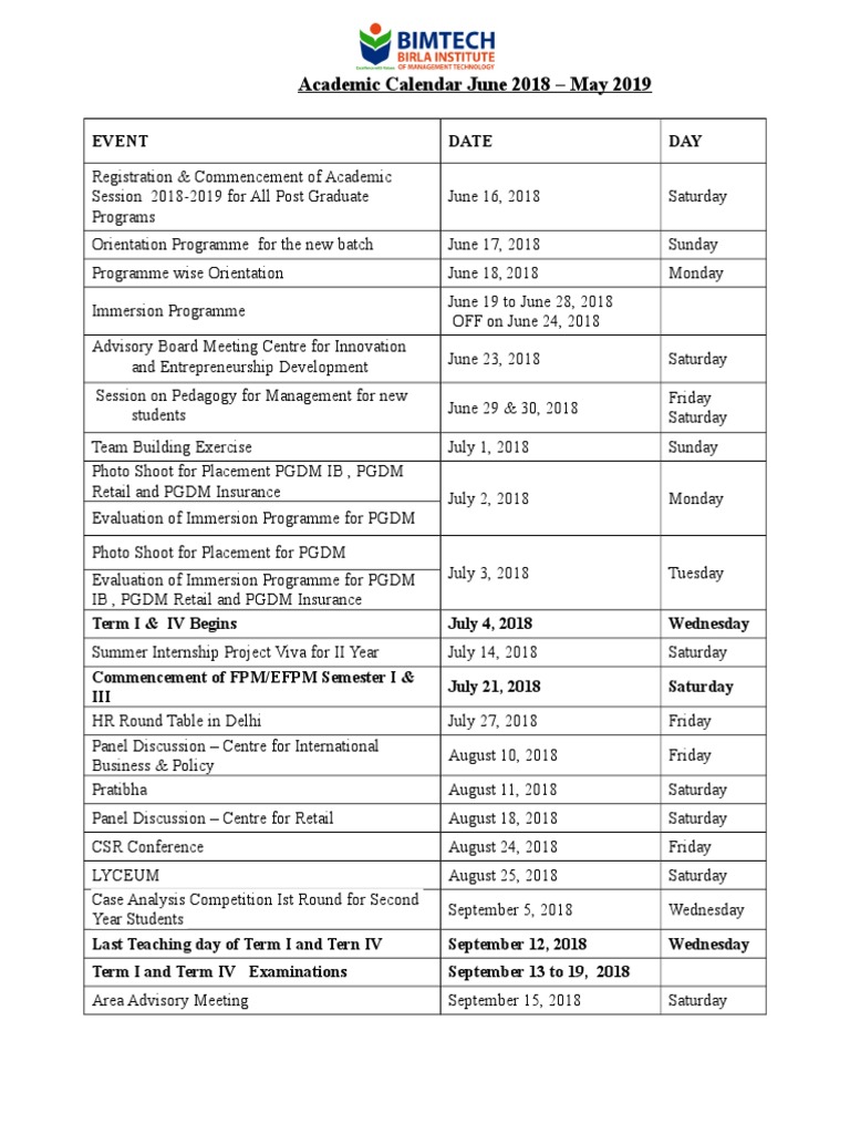 Academic Calendar 2018-19 | PDF | Academic Term | Master Of Business  Administration