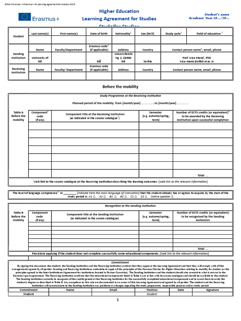 Erasmus+ Learning Agreement Template | PDF | Academic Degree | Behavior ...