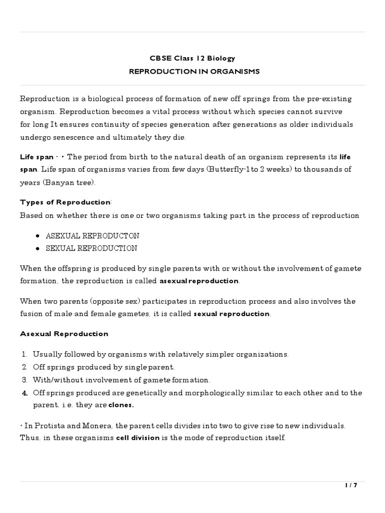 Reproduction in Organisms: Class 12 Notes | PDF | Fertilisation ...