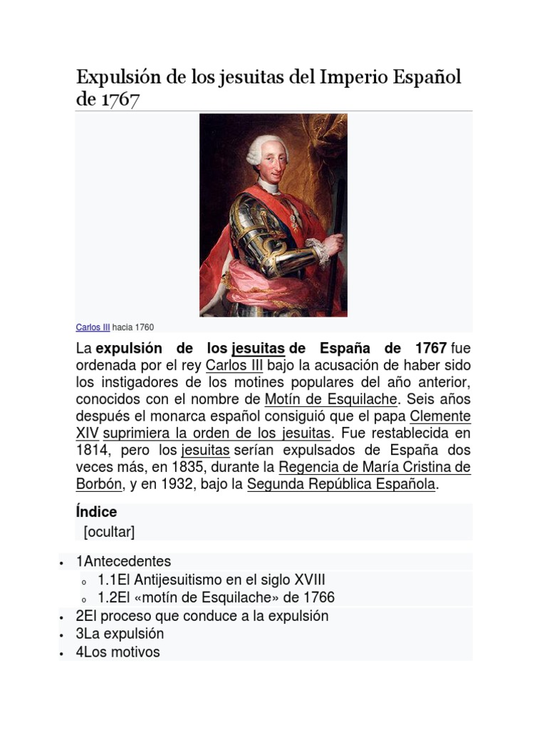 Expulsión de Los Jesuitas Del Imperio Español de 1767 | Sociedad de ...
